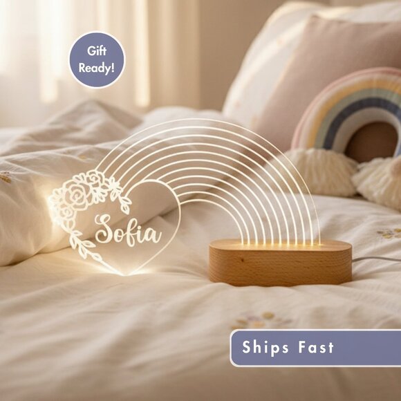 Rainbow with Heart Night Light – Personalized LED Room Decor - Picture 1 of 8